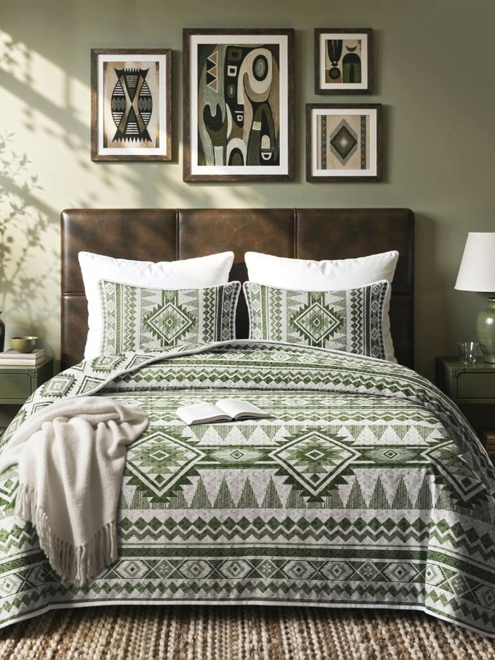 Reversible Green Boho Twin Quilt Set, 2-Piece Bohemian Aztec Microfiber Bedsprea